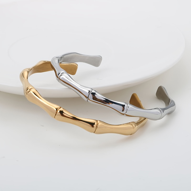 Full 316L Stainless Steel Hip Hop Bamboo Rayon Joint Open Bangle